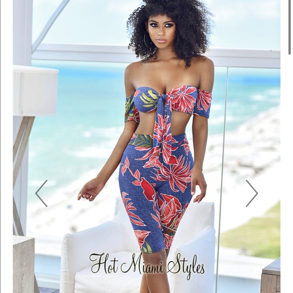 Faux Denim Red Palm Off Shoulder Two Piece Set